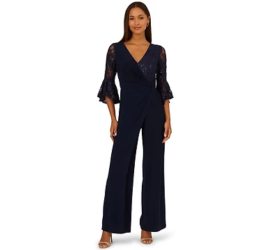 Adrianna Papell Women's Surplice Lace Combo V-Neck Jumpsuit