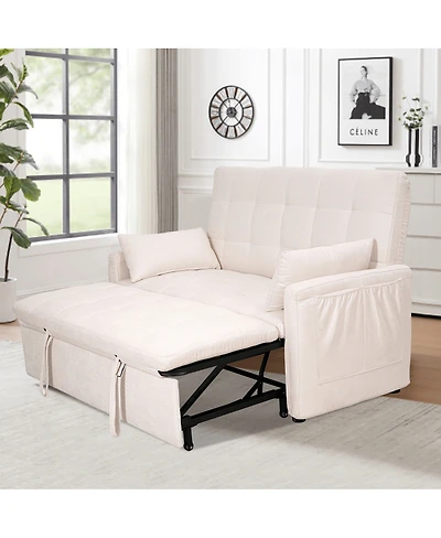 Maison Boucle 61'' Tufted Convertible Sofa Bed, Pull-Out Sleeper Loveseat with Adjustable Backrest, Side Storage & Smooth Wheels for Small Spaces-Mais