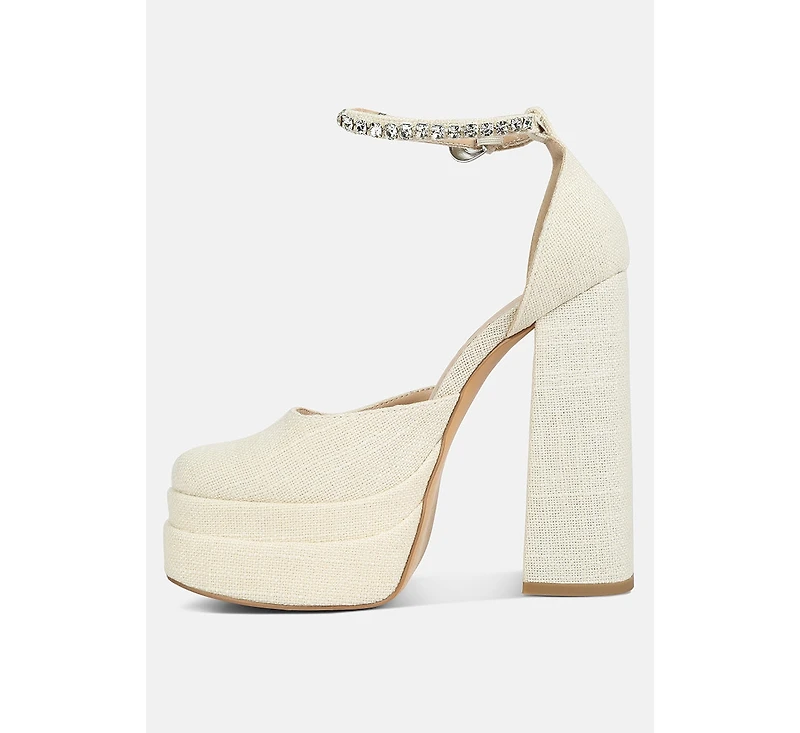 Cosette Diamante Embellished Ankle Strap High Block Heel Sandals in Off White
