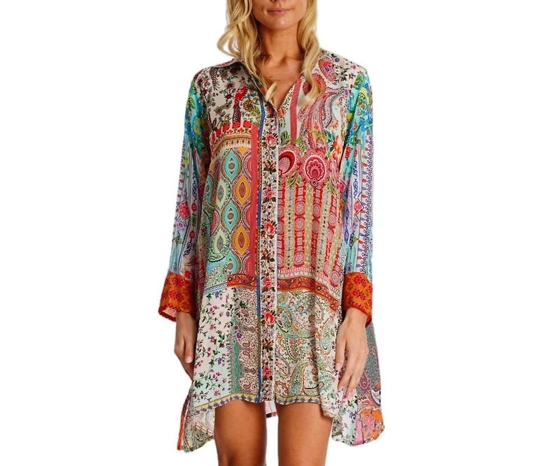 La Moda Clothing Women's Short Asymmetrical Dress with V-Neck and Long Sleeves