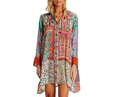 La Moda Clothing Women's Short Asymmetrical Dress with V-Neck and Long Sleeves
