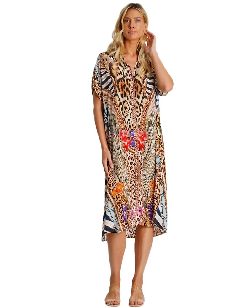 La Moda Clothing Women's Midi Summer Dress with Collared Neck, Short Sleeves