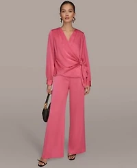 Donna Karan New York Womens Faux Wrap Long Sleeve Top Wide Leg Trousers