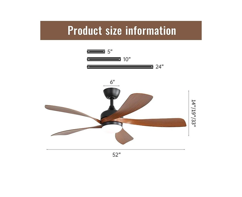 Sofucor 52 Inch 5 Blade Abs Led Ceiling Fan with Downrod and 6 Speed Adjustable Remote Control