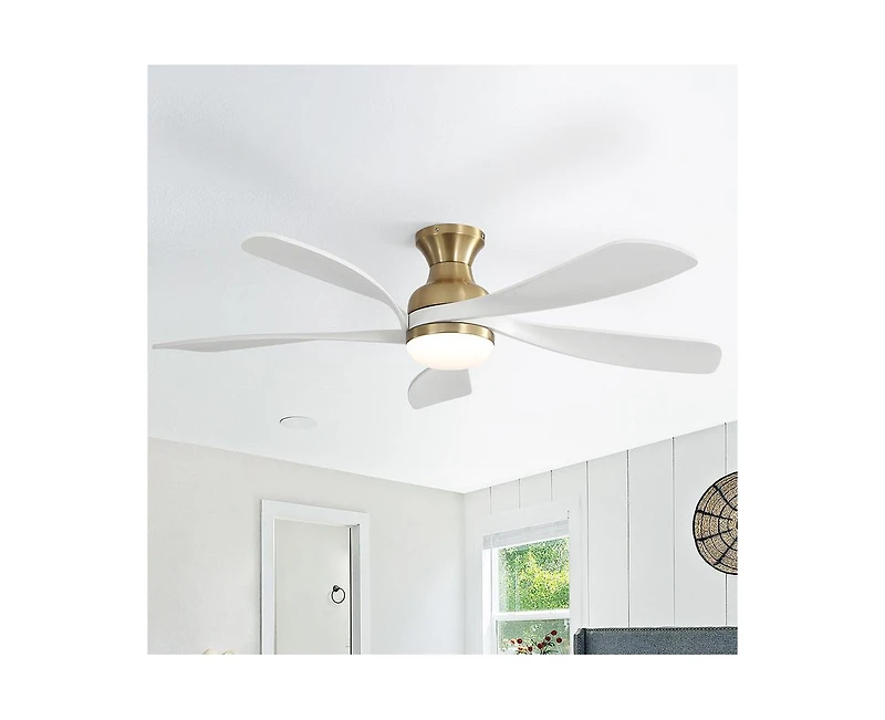 52-inch Modern Minimalist Golden 5-Blade Flush Mount with Led Light Remote Control Supports 6 Speeds and Timer Function
