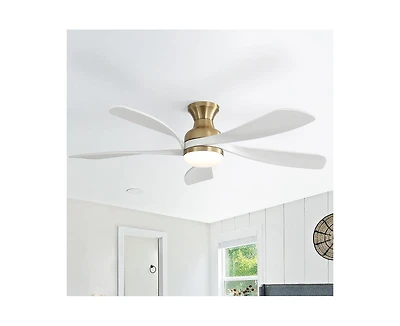 52-inch Modern Minimalist Golden 5-Blade Flush Mount with Led Light Remote Control Supports 6 Speeds and Timer Function