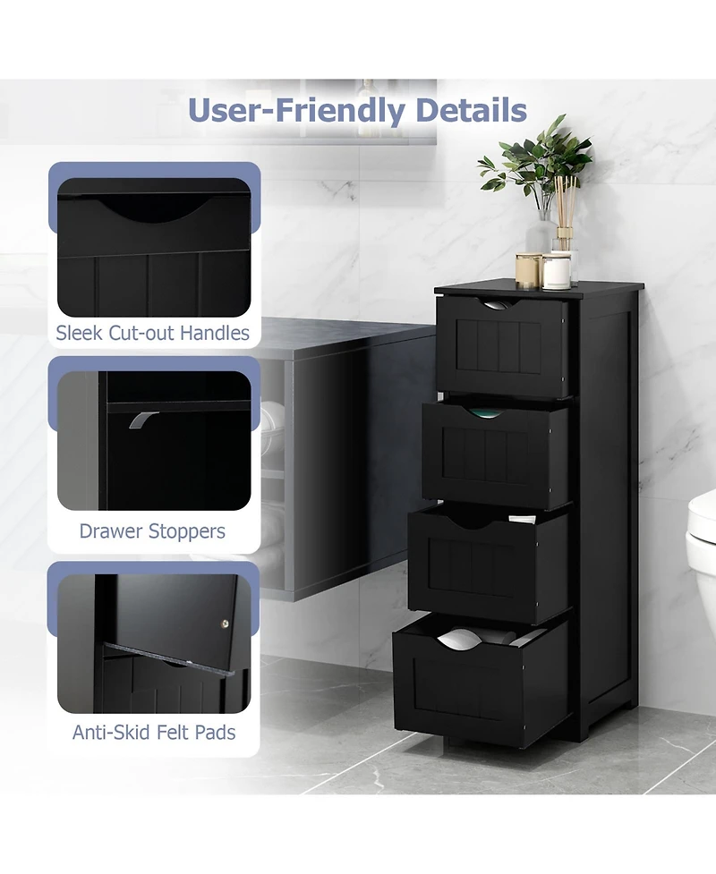 Gymax Bathroom Floor Cabinet Freestanding Narrow Side Storage Organizer w/ 4 Drawers
