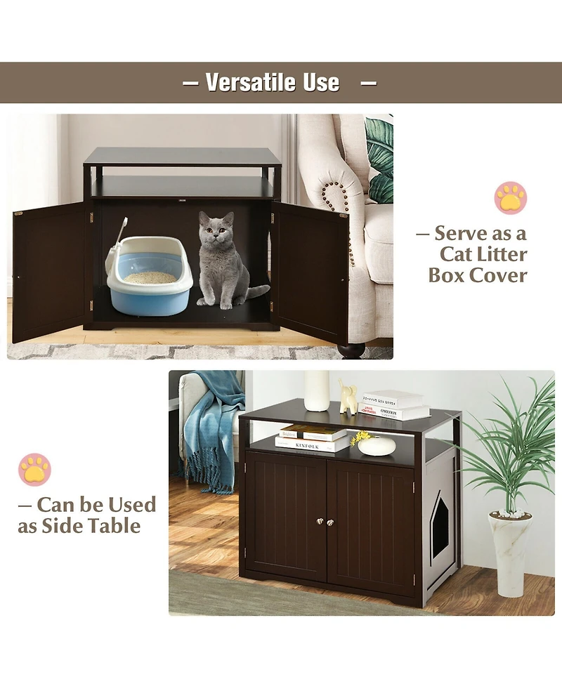 Gymax Wooden Cat Litter Box Enclosure Hidden Washroom w/ Storage Layer