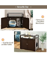 Gymax Wooden Cat Litter Box Enclosure Hidden Washroom w/ Storage Layer