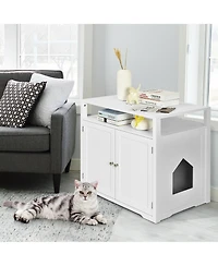 Gymax Wooden Cat Litter Box Enclosure Hidden Cat Washroom w/ Storage Layer