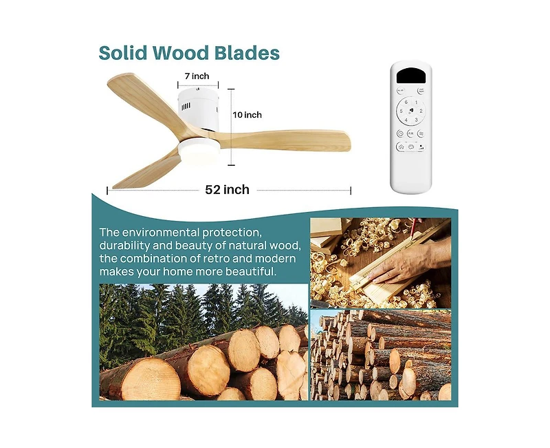 52-inch Modern White 3 Solid Wood Blades Flush Mount Tri color Adjustable Ceiling Fan Light with Remote Control and Forward Reverse Rotation Function