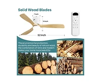 52-inch Modern White 3 Solid Wood Blades Flush Mount Tri color Adjustable Ceiling Fan Light with Remote Control and Forward Reverse Rotation Function