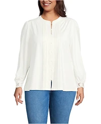 Lands' End Plus Lightweight Jersey Long Sleeve Button Front Pintuck Top