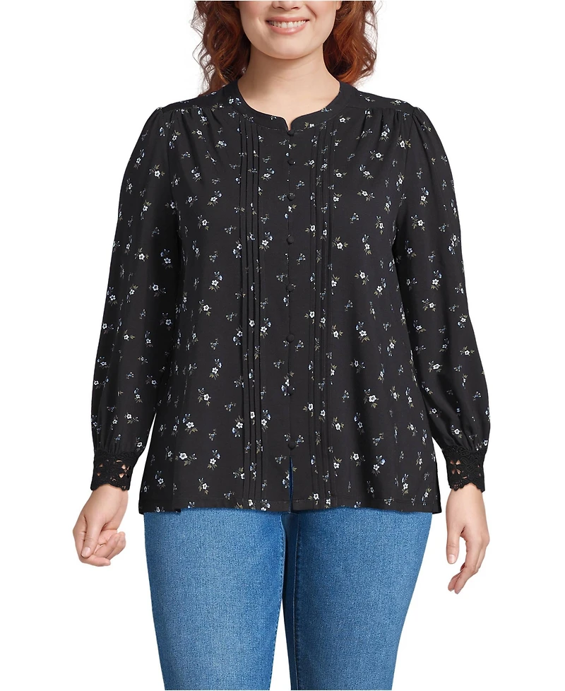 Lands' End Plus Lightweight Jersey Long Sleeve Button Front Pintuck Top