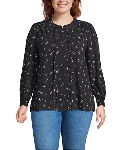 Lands' End Plus Lightweight Jersey Long Sleeve Button Front Pintuck Top