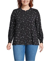 Lands' End Plus Lightweight Jersey Long Sleeve Button Front Pintuck Top