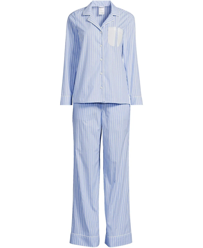 Lands' End Women's Cotton Poplin 2 Piece Pajama Set - Long Sleeve Top and Pants
