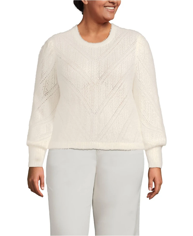 Lands' End Plus Eyelash Fuzzy Pointelle Puff Sleeve Sweater