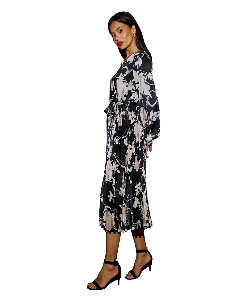Yumi Women's Floral Satin Long Sleeve Midi Dress