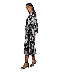Yumi Women's Floral Satin Long Sleeve Midi Dress
