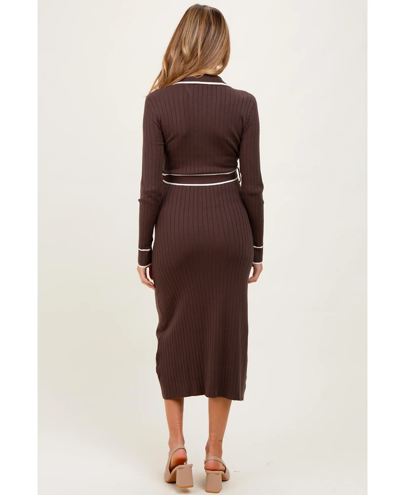 Pinkblush Maternity Brown Soft Stretchy Rib Fitted Sweater Midi Dress