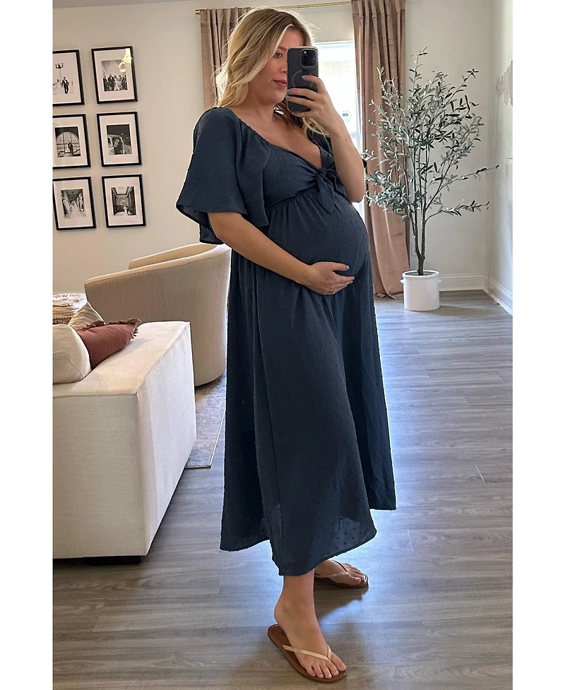 Pinkblush Maternity Navy Blue Textured Dot Front Tie Ruffle Sleeve Midi Dress