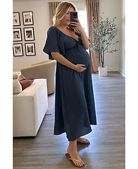 Pinkblush Maternity Navy Blue Textured Dot Front Tie Ruffle Sleeve Midi Dress