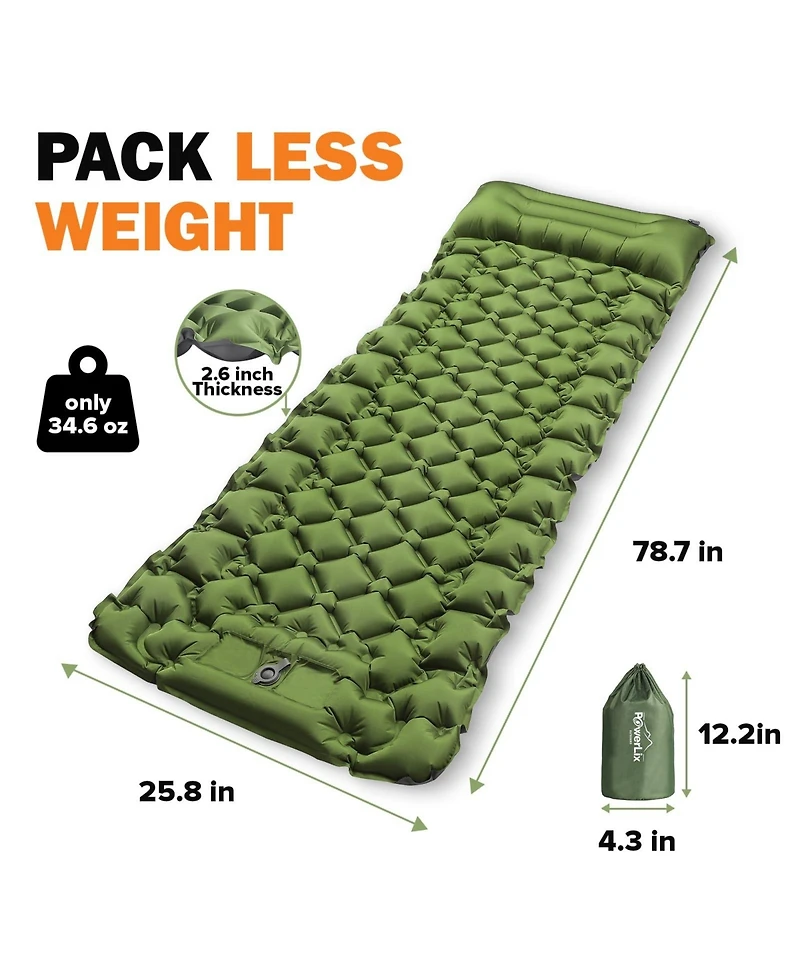 Powerlix Camping Sleeping Pad Ultralight Air Mattress with Built In Pillow