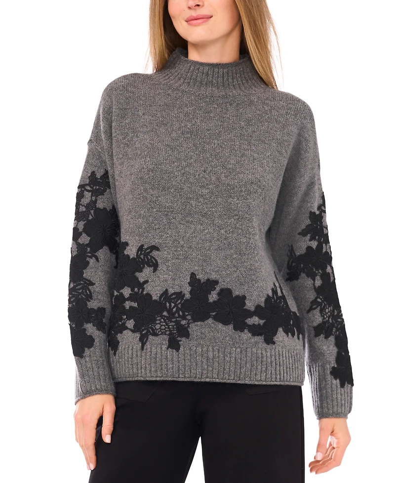 Vince Camuto Women's Floral Embellished Mock Neck Sweater