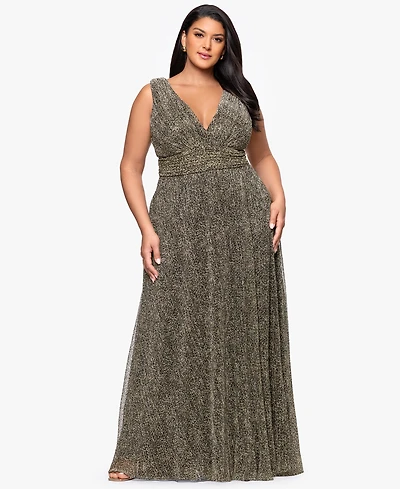 Betsy & Adam Women's V-Neck Pleated Animal Print Gown