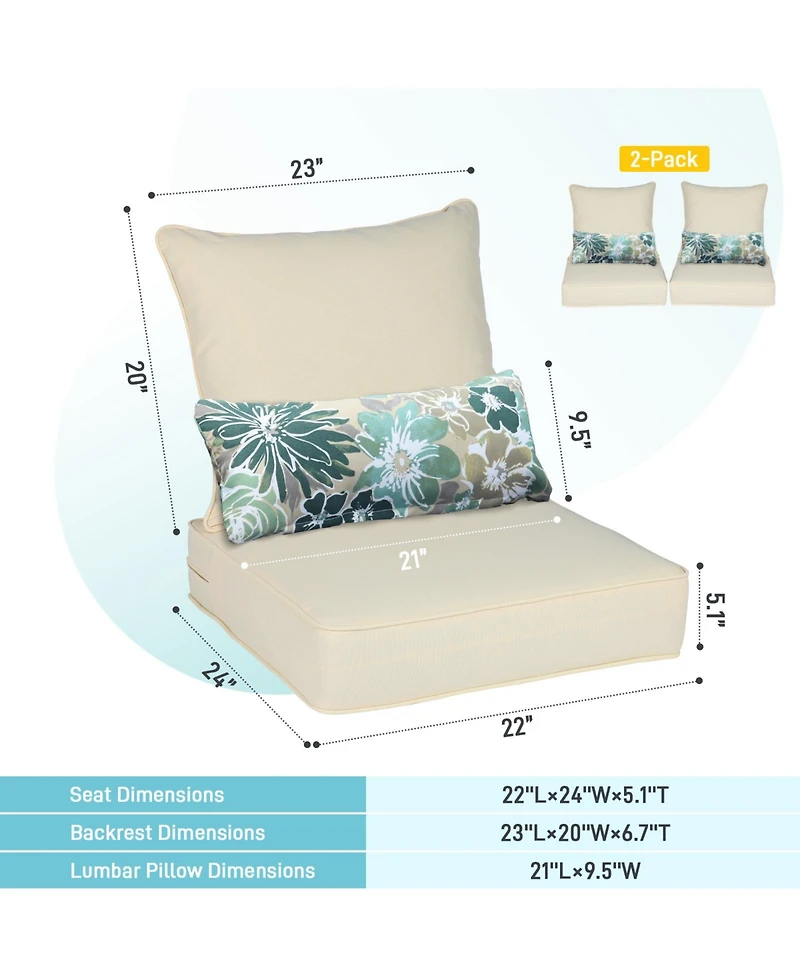 Aoodor 22'' x 24'' Outdoor Deep Seat Chair Cushion Set Olefin Fabric Slipcover and Sponge Foam (Set of 2 Seats, 2 Backs