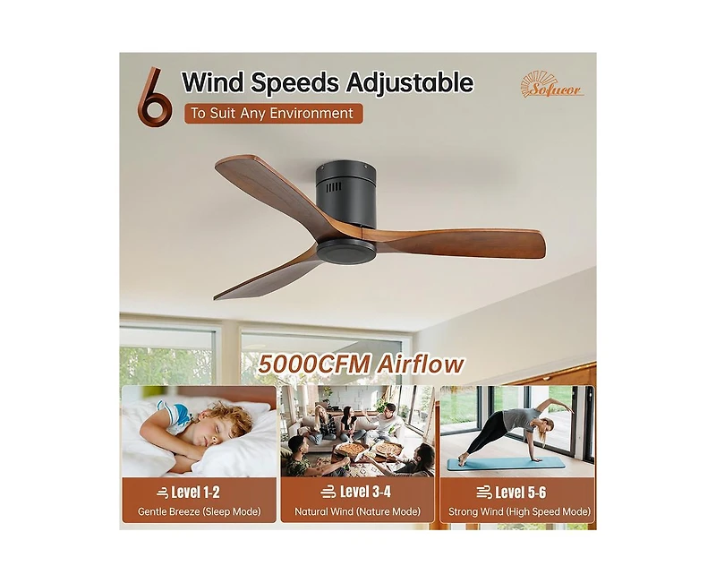 52-inch Modern 3 Solid Wood Blade Ceiling Fan with 6-speed Remote Control and Forward Reverse Rotation Function for Indoor