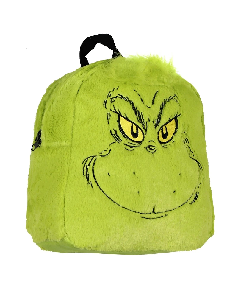 The Grinch Embroidered Smiling Face w/ 3D Hair Tuft Fuzzy Soft Mini Backpack Purse with Adjustable Straps