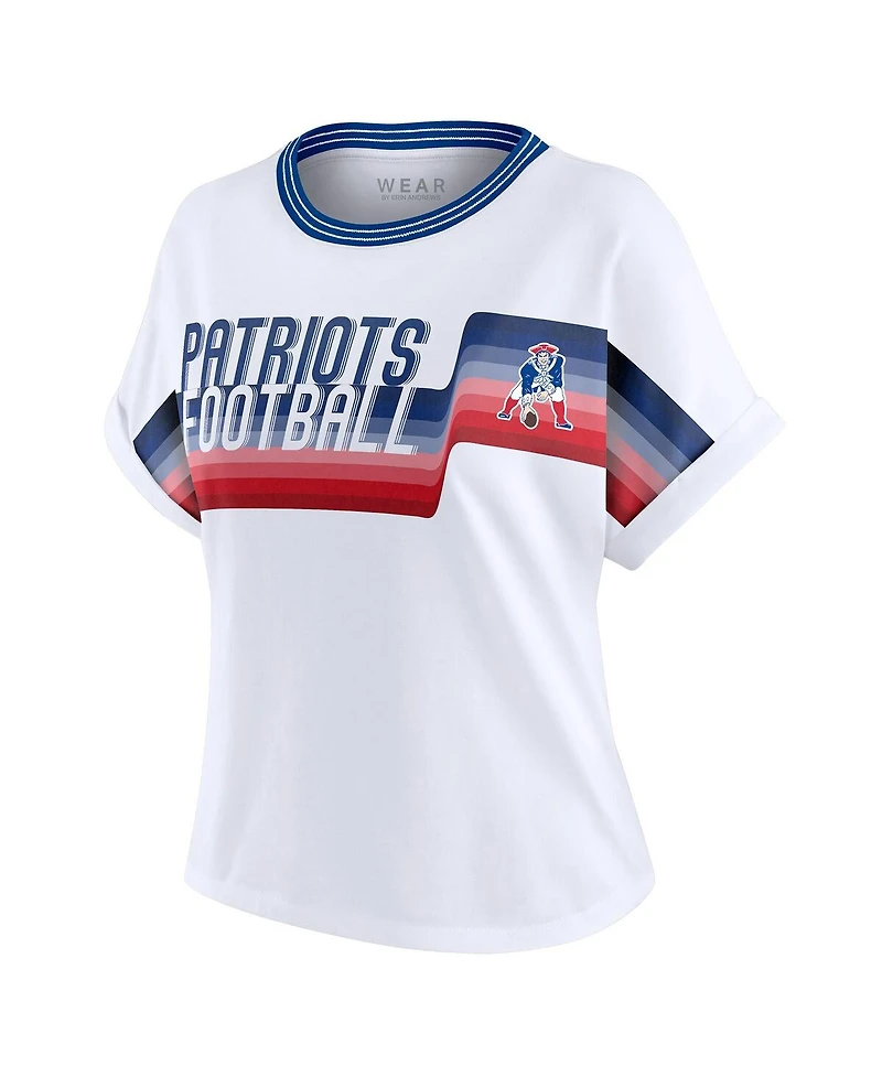 Wear by Erin Andrews Women's White New England Patriots Cropped Center Stripe Dolman T-Shirt