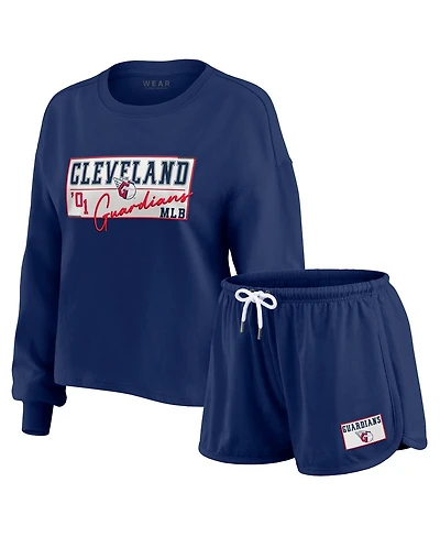 Wear by Erin Andrews Women's 2-Piece Navy Cleveland Guardians Heavy Rugby Jersey Long Sleeve T-Shirt and Shorts Lounge Set