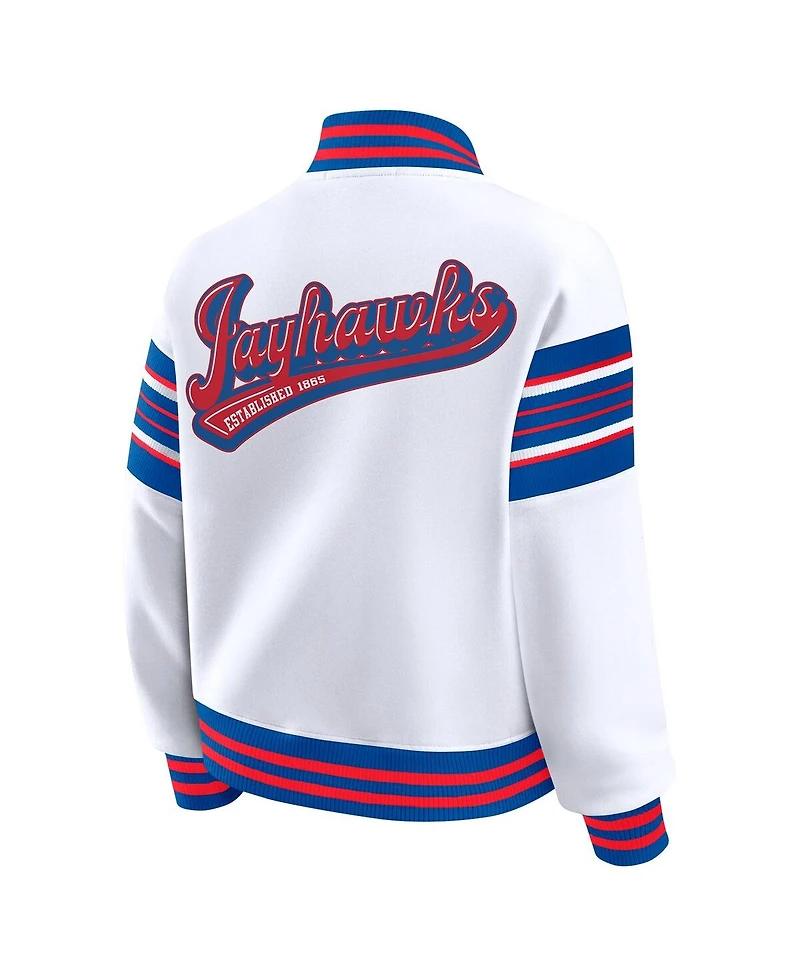 Wear by Erin Andrews Women's White/Royal Kansas Jayhawks Satin Stitch Full-Snap Fleece Sweatshirt Jacket