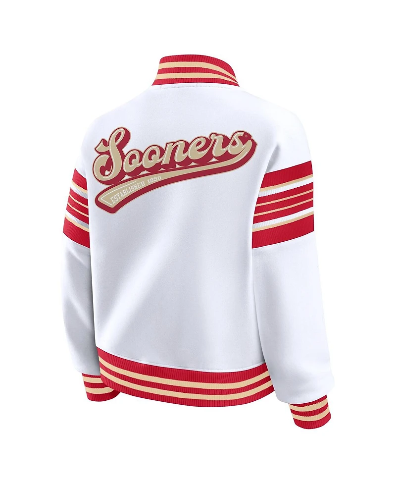 Wear by Erin Andrews Women's White/Crimson Oklahoma Sooners Satin Stitch Full-Snap Fleece Sweatshirt Jacket