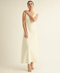 Arose Studio, Inc Women's V-Neck Scalloped Lace Tie-Back Slip Midi Dress