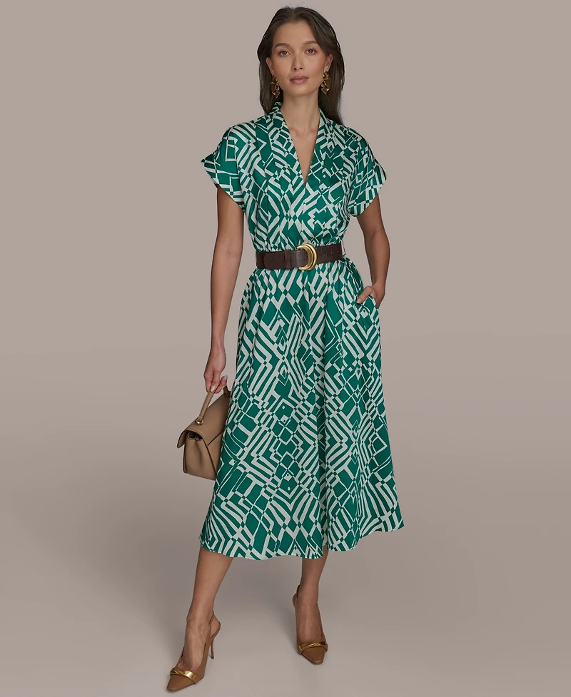 Donna Karan New York Women's Short-Sleeve Printed V-Neck A-Line Dress with Waist Belt