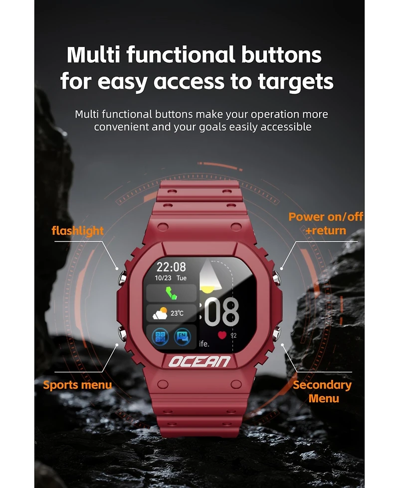 Ruxing smart Outdoor sports wristband 1.75-inch full touch screen Bluetooth call flashlight Sos compass -Red
