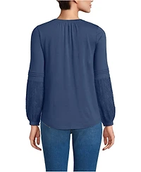Lands' End Women's Lightweight Jersey Lace Mix Long Sleeve Pintuck Top