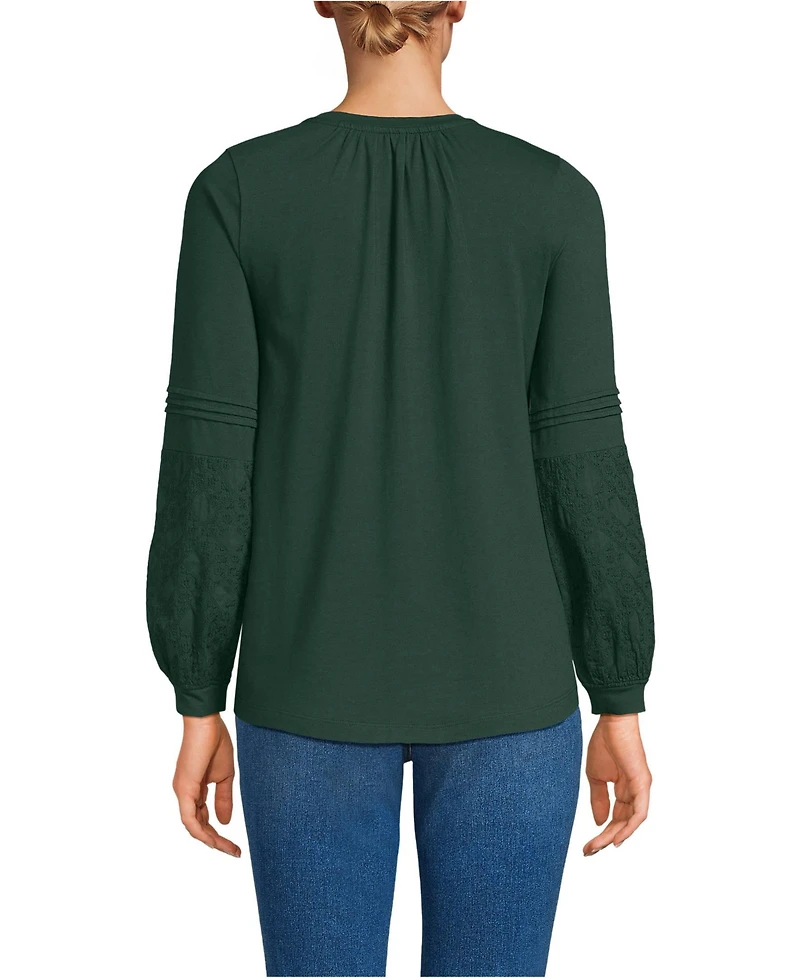 Lands' End Women's Lightweight Jersey Lace Mix Long Sleeve Pintuck Top