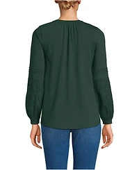 Lands' End Women's Lightweight Jersey Lace Mix Long Sleeve Pintuck Top