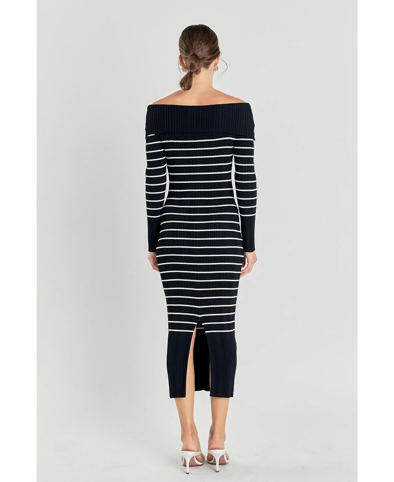 endless rose Women's Off Shoulder Fold Striped Maxi Dress