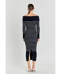 endless rose Women's Off Shoulder Fold Striped Maxi Dress