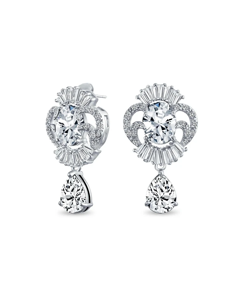 Bling Jewelry Art Deco Style Cz Teardrop Crown Baguette Dangle Drop Earrings Silver Plated Brass
