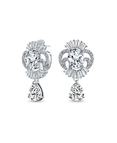 Bling Jewelry Art Deco Style Cz Teardrop Crown Baguette Dangle Drop Earrings Silver Plated Brass