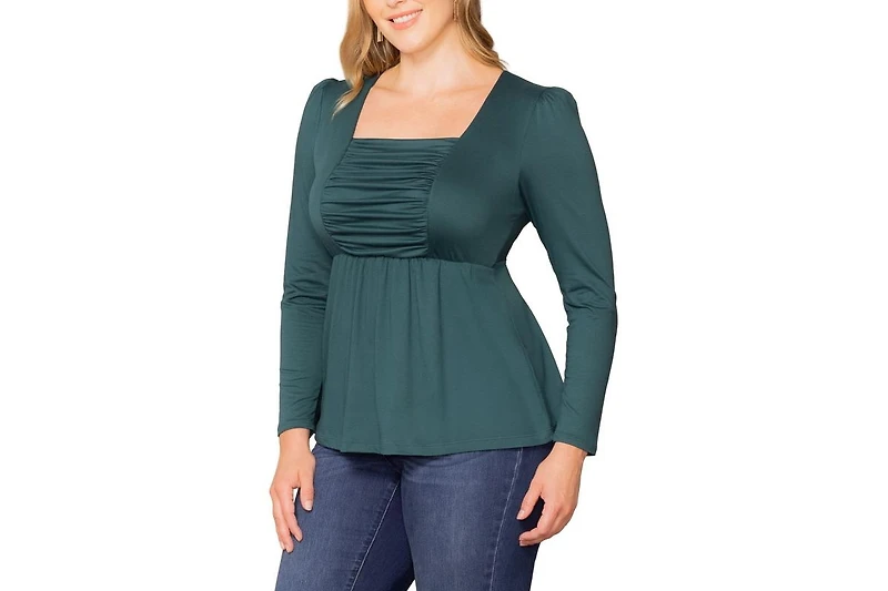 Kiyonna Women's Plus Rylan Long Sleeve Square Neck Ruched Top