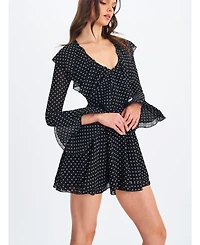 Miss Circle Women Omari Black Chiffon Polka Dot Ruffled Neckline Mini Dress