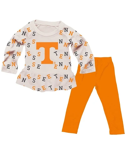 Wes & Willy Girls Toddler 2-Piece Oatmeal Tennessee Volunteers Ruffle Raglan Long Sleeve T-Shirt and Leggings Set